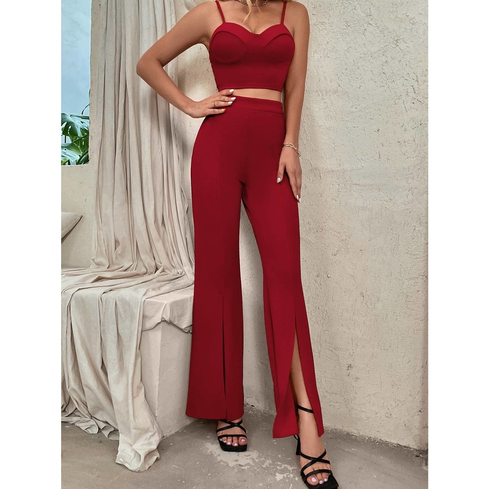 2 piece set: Zip Back Bustier Cami crop Top & Flare Leg Pants black - Picture 5 of 11